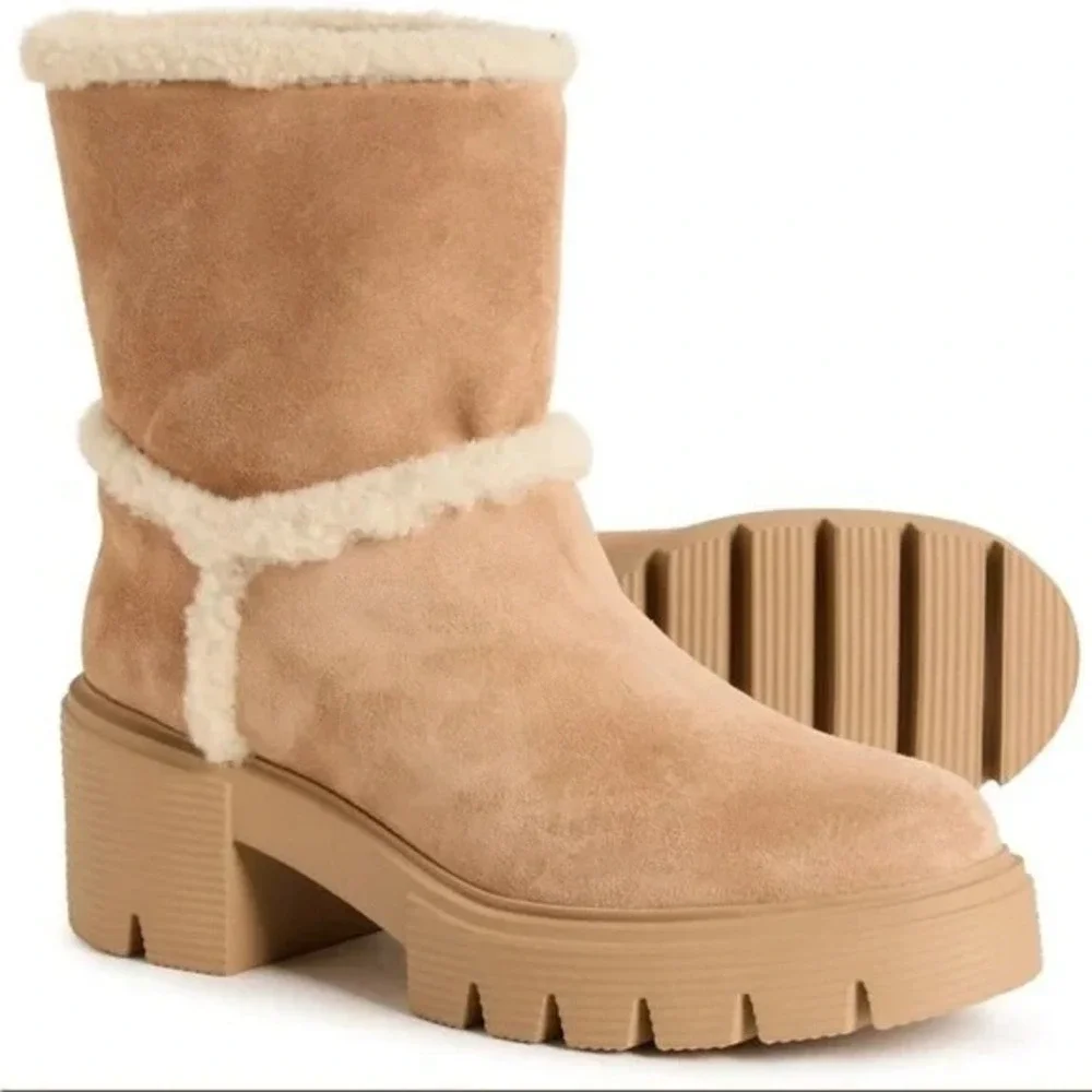 Stuart Weitzman Lennox Bootie Shearling‎ Boots Sz 10 Tan Suede Chunky Block Heel - Picture 2 of 8